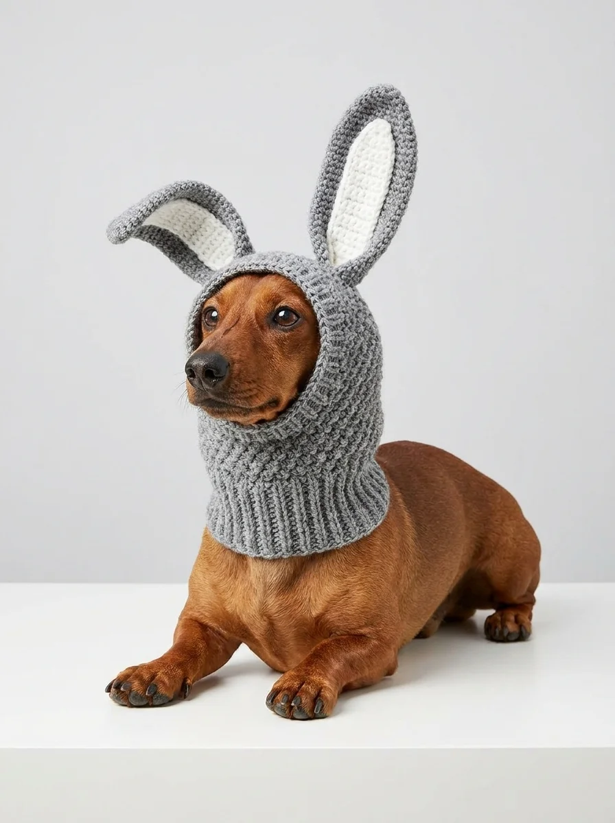 Dachshund in a bunny snood lying in a sphinx pose in a bright studio