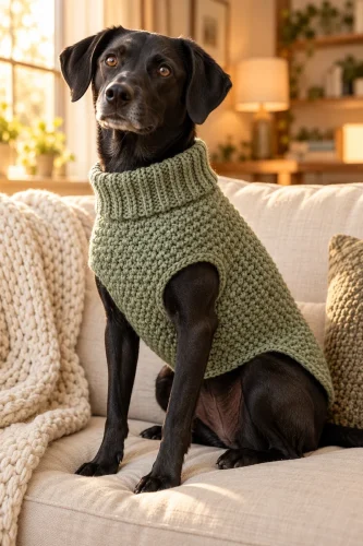 Black dog wearing a finished sage-green crochet dog sweater with a ribbed turtleneck collar on a couch