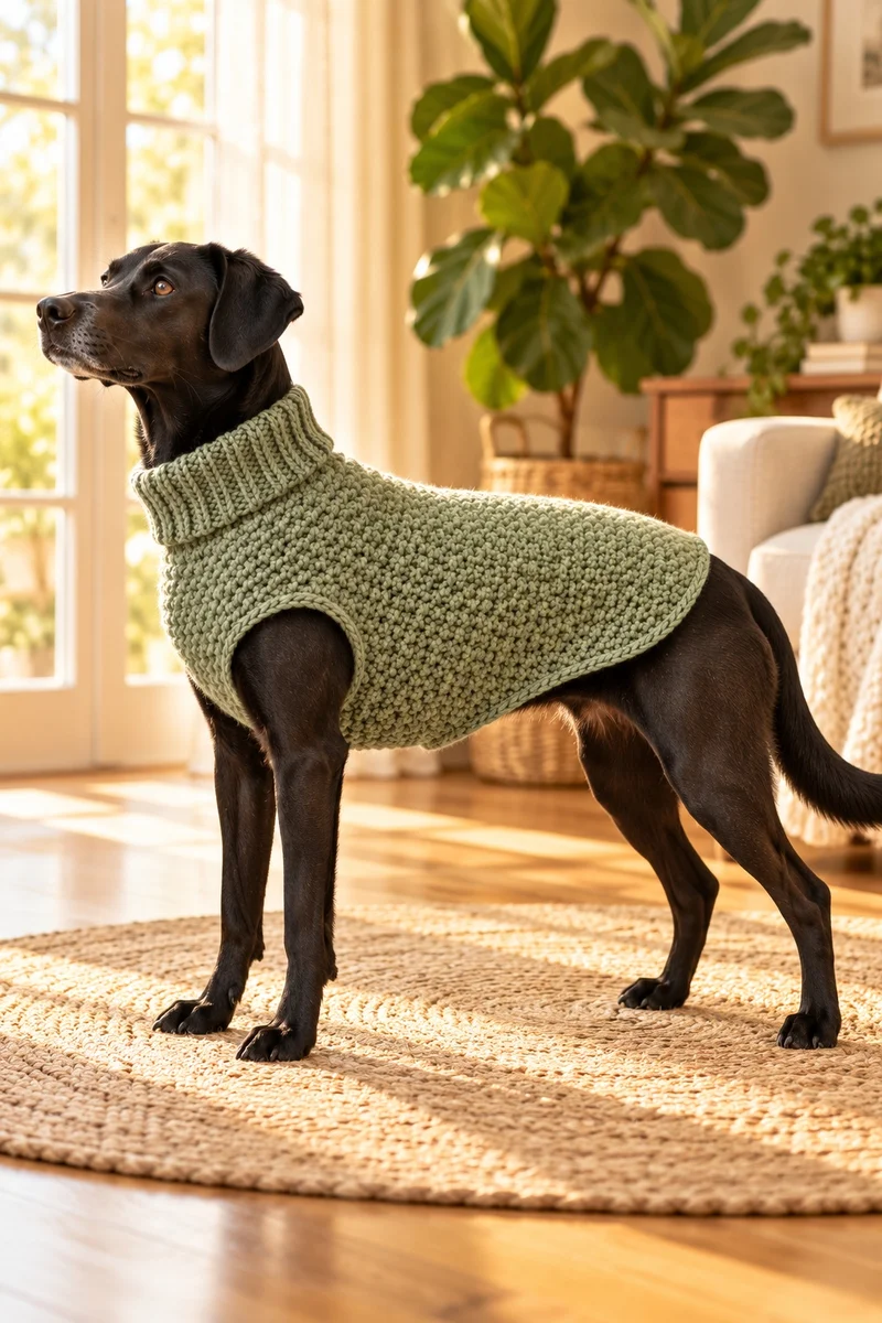 Black dog standing in profile wearing a sage-green crochet dog sweater in a sunny living room