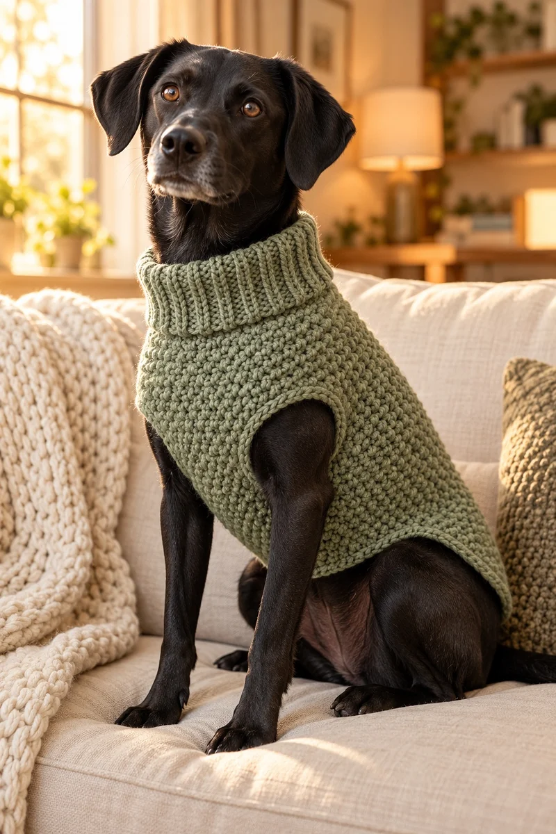 Black dog wearing a finished sage-green crochet dog sweater with a ribbed turtleneck collar on a couch