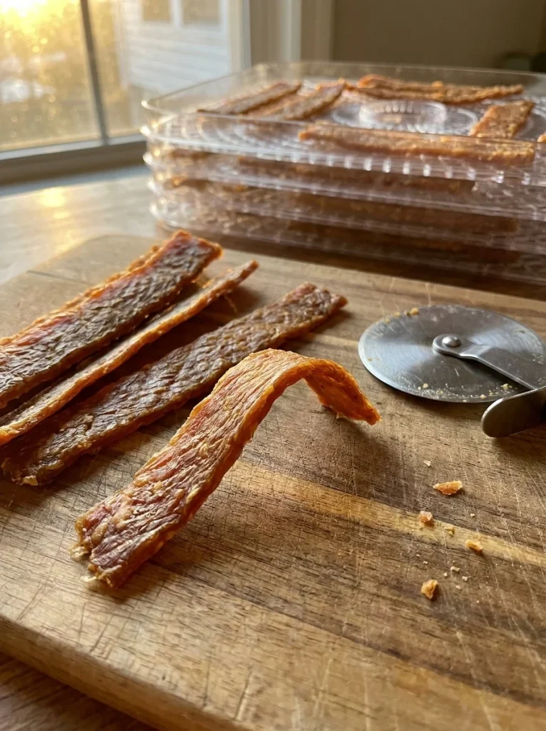 Chewy dehydrated tuna and cheese dog treats cut into jerky-style strips