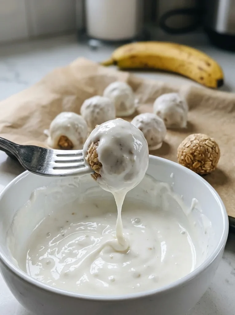 Dipping a frozen oat ball in Greek yogurt to make yogurt-dipped dog treats