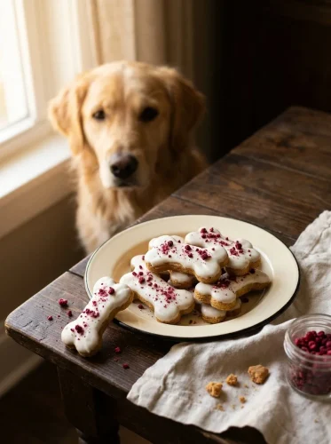 Birthday cookies for dogs with yogurt frosting on an enamel plate with a golden retriever waiting behind the table