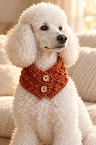 White poodle wearing a rust-orange buttoned crochet scarf