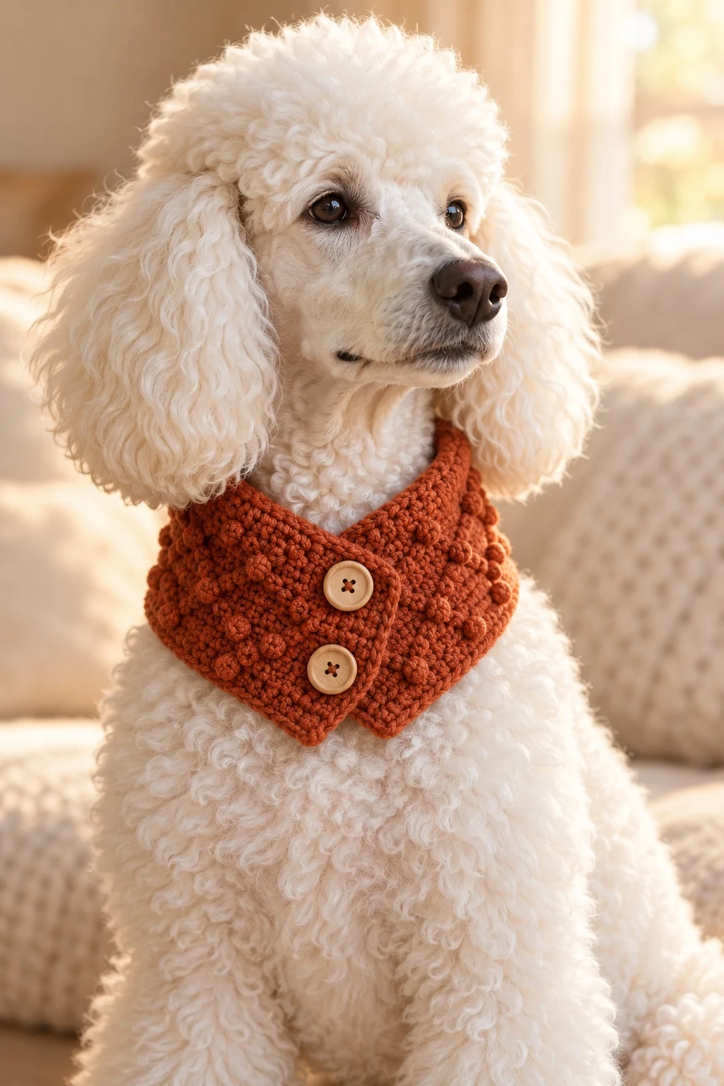 White poodle wearing a rust-orange buttoned crochet scarf
