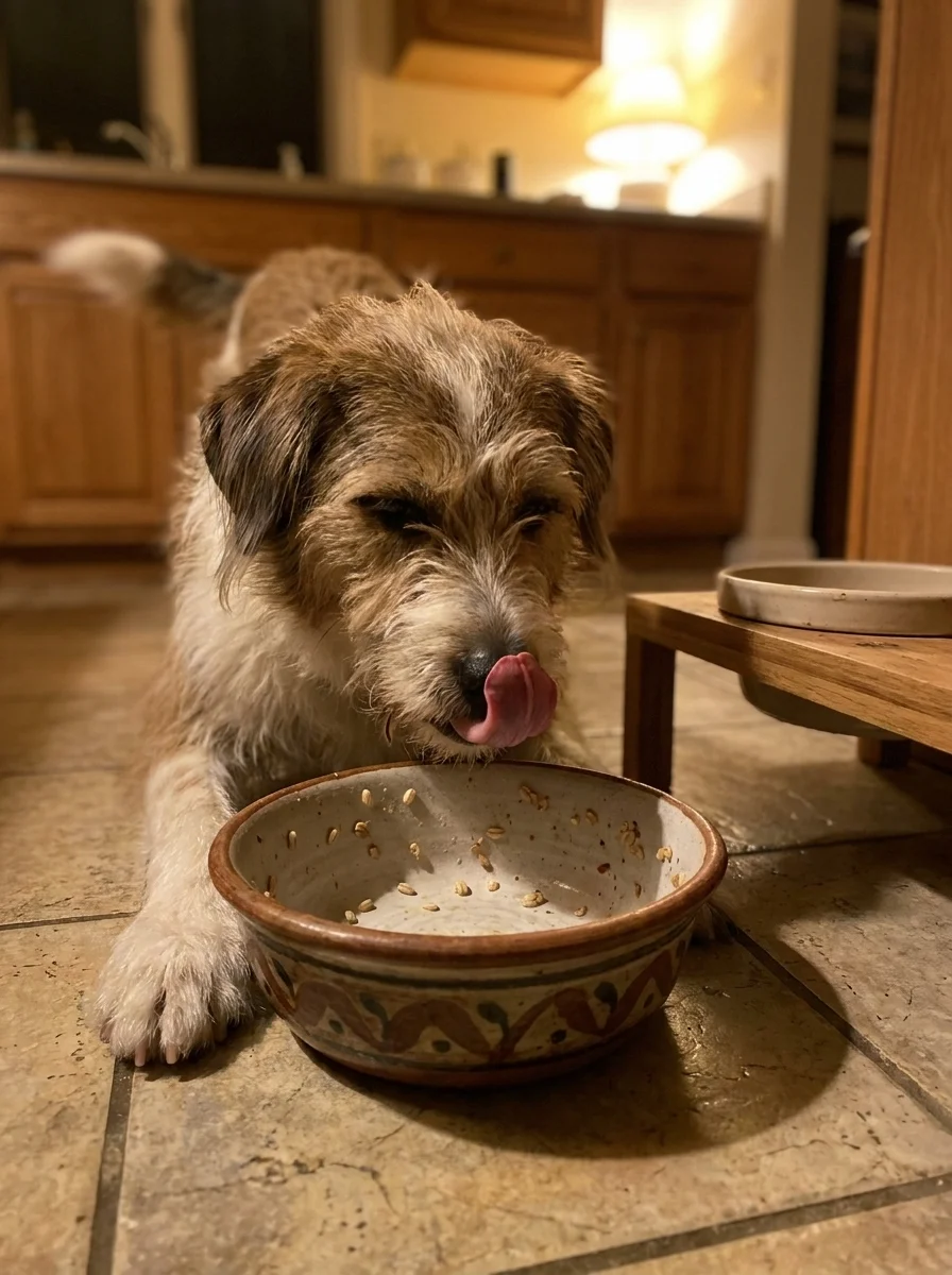 Happy dog finishing a bowl of homemade dog food at home