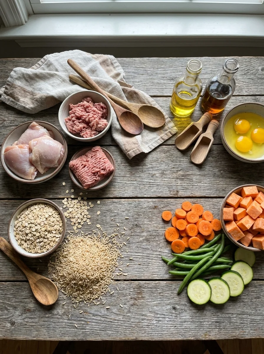 Swap ingredients for homemade dog food arranged on a wooden table
