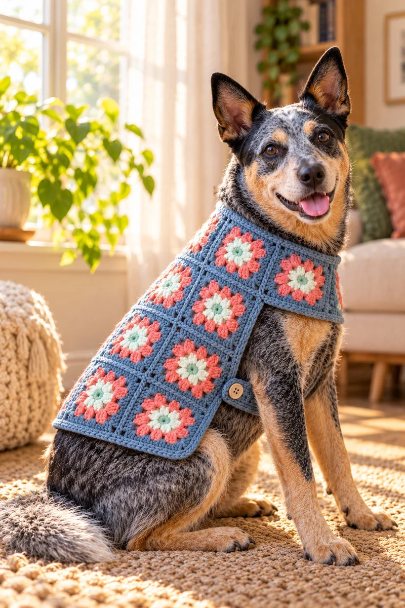 Blue heeler wearing the finished granny square coat by a sunny window