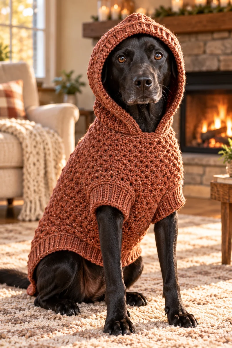 Black dog wearing a terracotta crocheted hoodie with the hood up, sitting by a fireplace