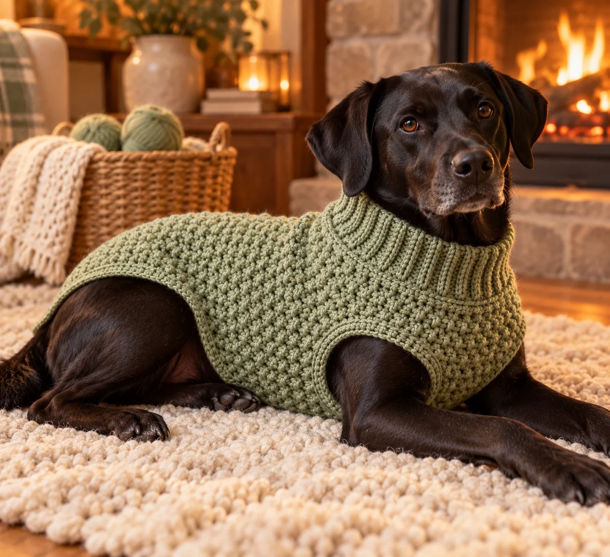 Black dog relaxing by a fireplace wearing a finished sage-green crochet dog sweater