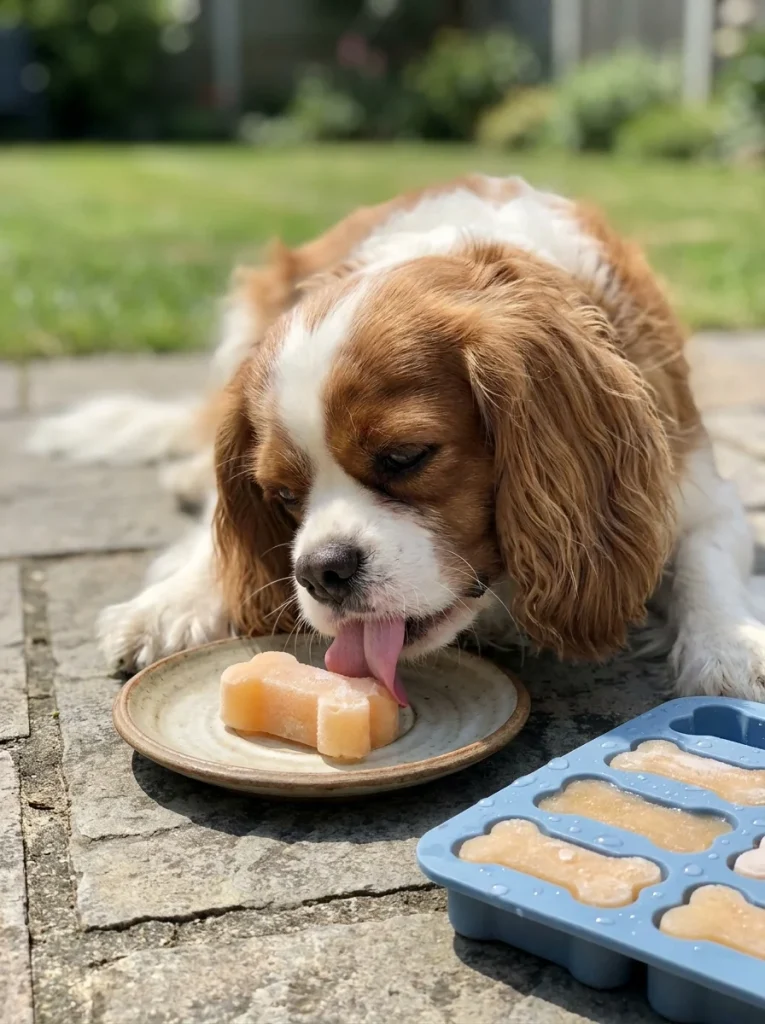 Dog licking frozen tuna sweet potato dog treats on a sunny patio