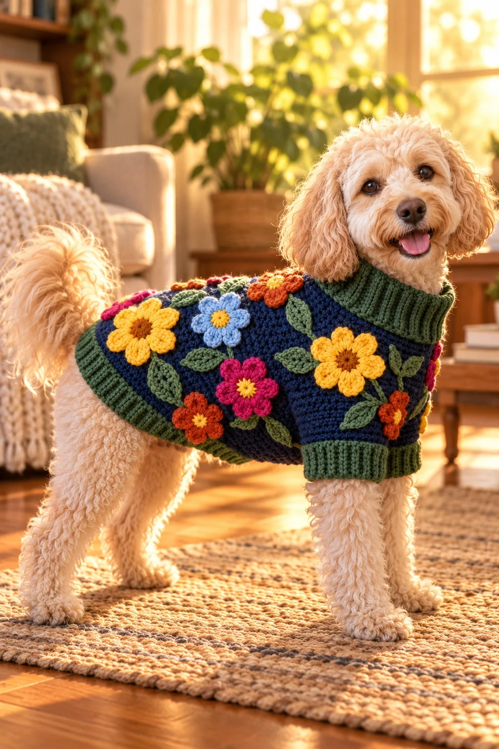 Cream dog in a navy wildflower applique crochet sweater in a living room