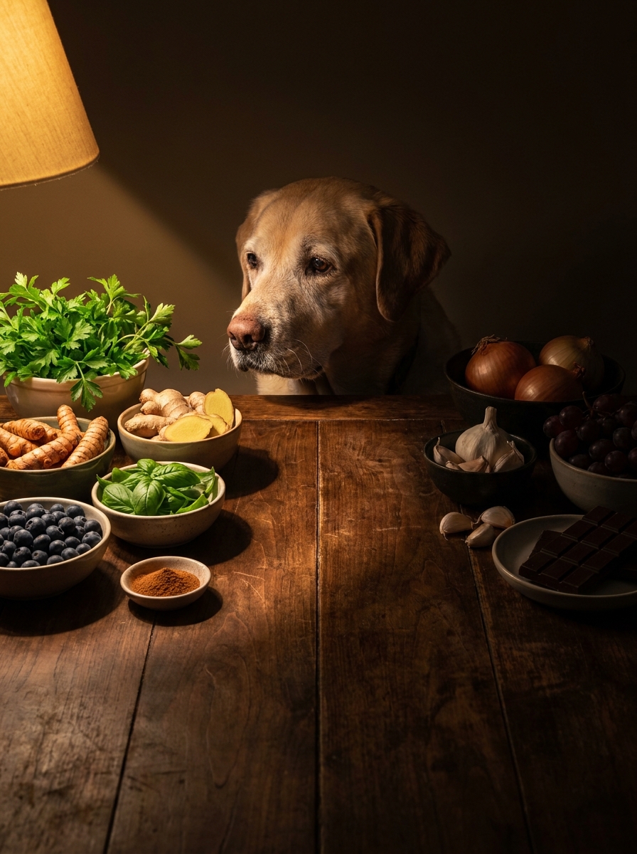 Dog-safe herbs and spices separated from toxic ingredients like onions, garlic, grapes and chocolate on a dark wooden table
