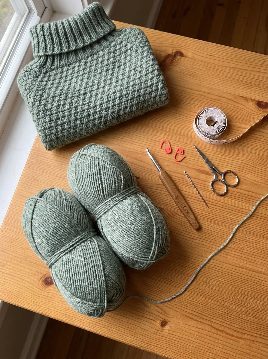 Crochet materials flat lay: sage-green yarn skeins, hook, stitch markers, needle, scissors and tape