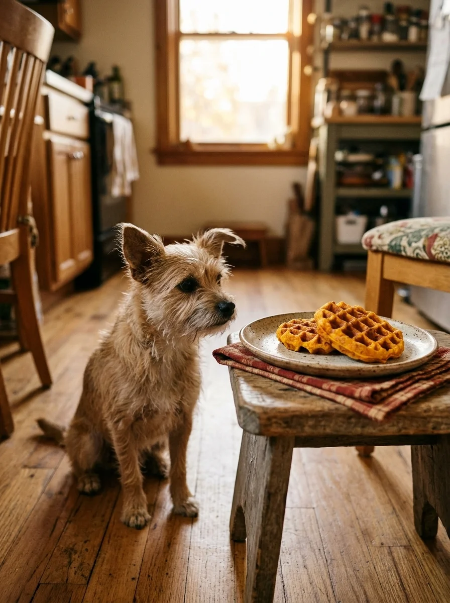 Dog waiting by sweet potato waffles in a cozy kitchen