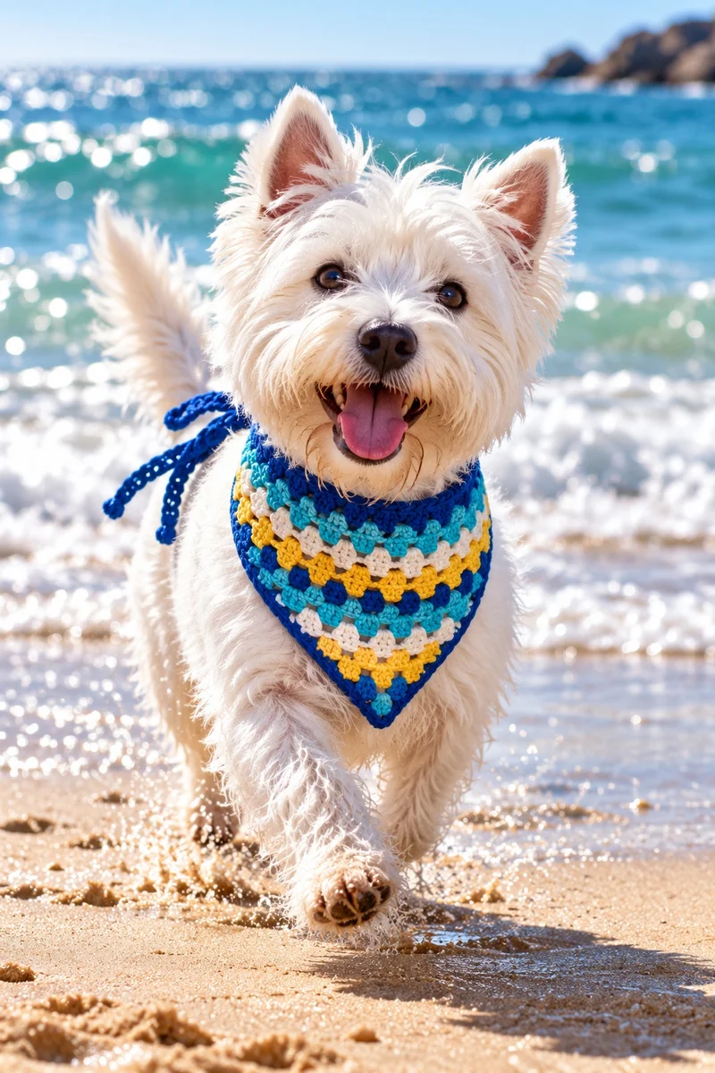 Dog wearing cozy waves bandana running on beach