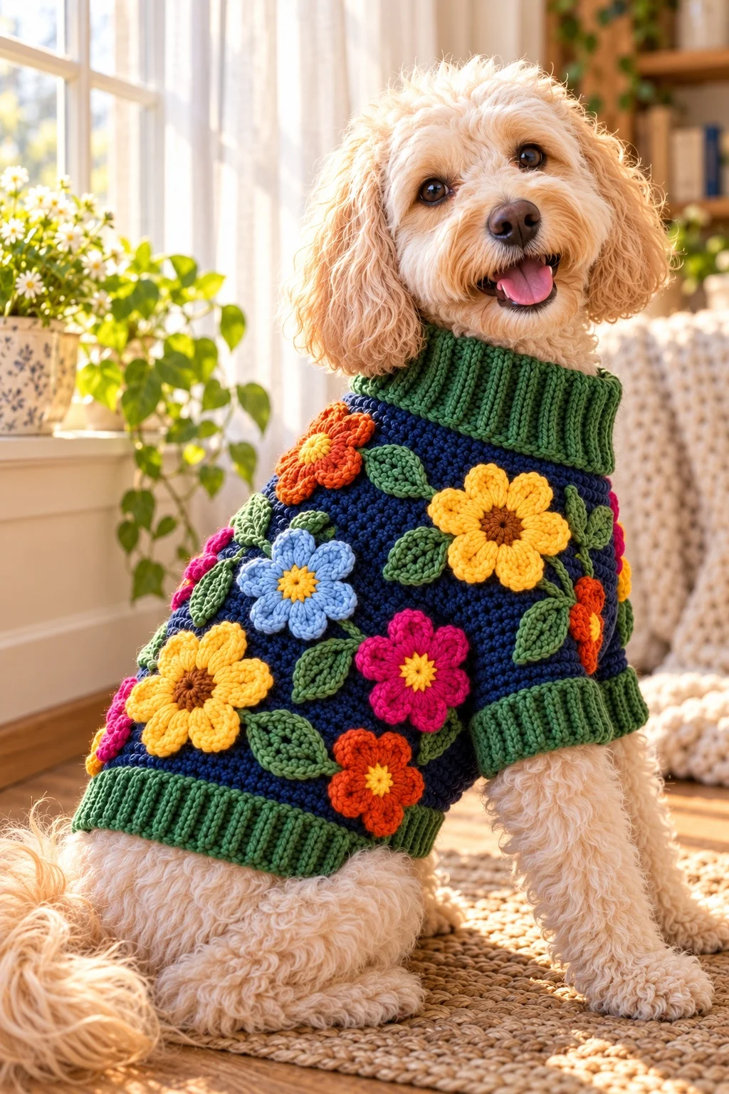 Cream dog wearing the finished wildflower crochet sweater by a sunny window