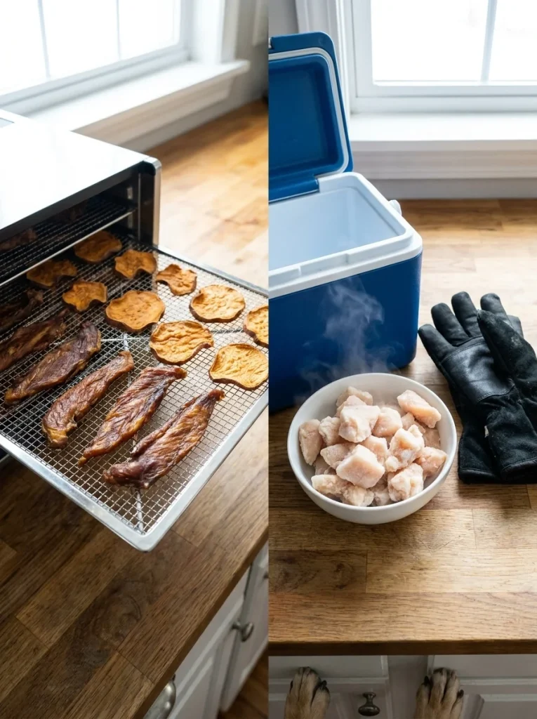 Dehydrated chicken and sweet potato crisps, a freeze dryer alternative for dog treats