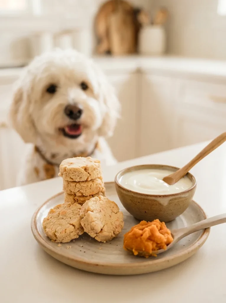 Egg-free tuna and sweet potato dog treats beside plain yogurt