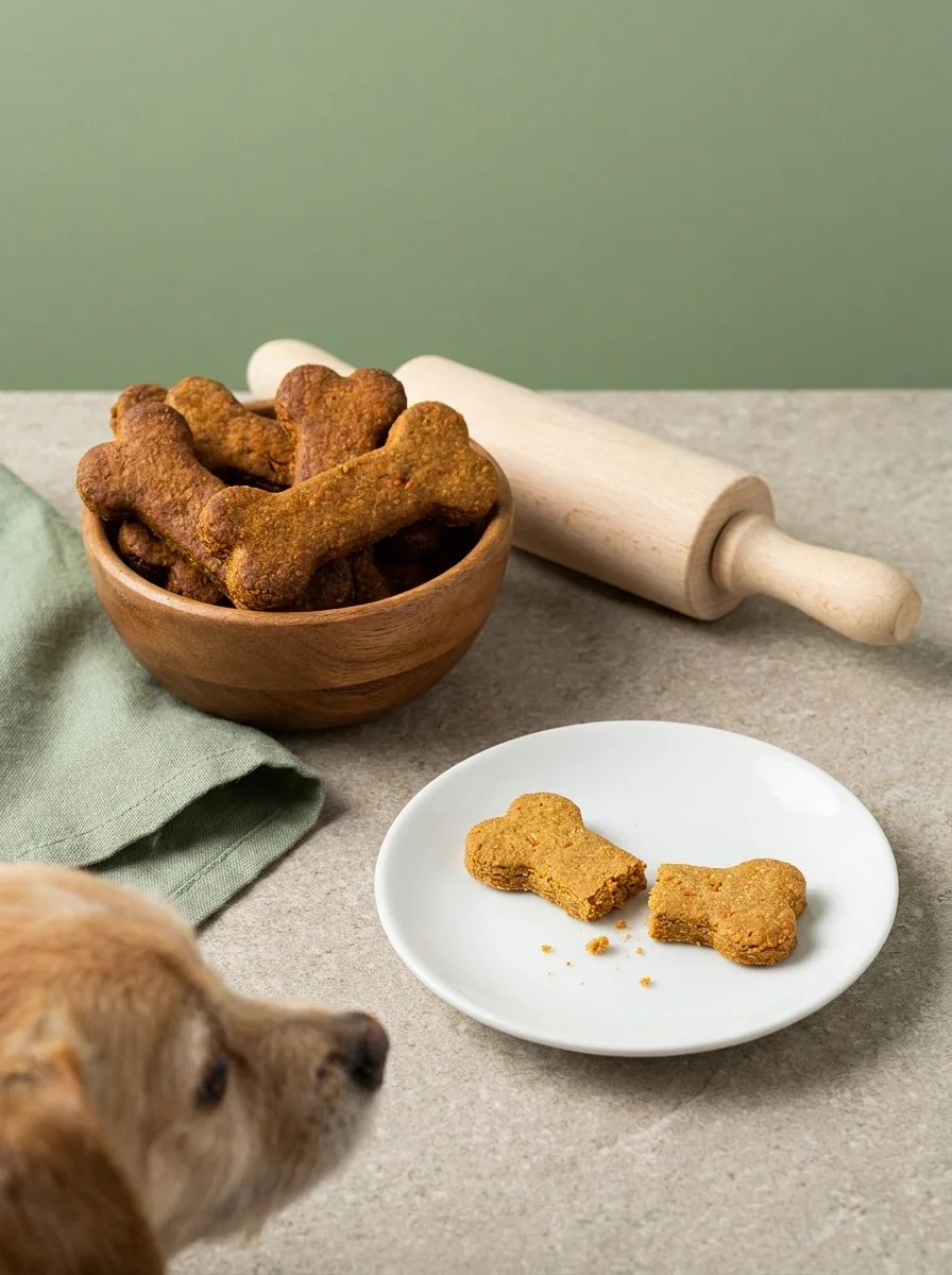 Extra-hard apple and carrot bones for dogs in a wooden bowl on a studio table