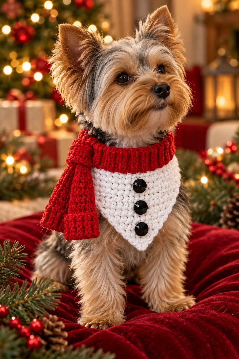 Finished snowman dog bandana displayed with Christmas lights