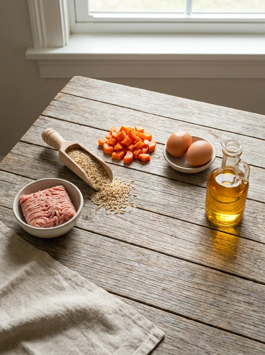 The five ingredient groups for homemade dog food laid out in a row