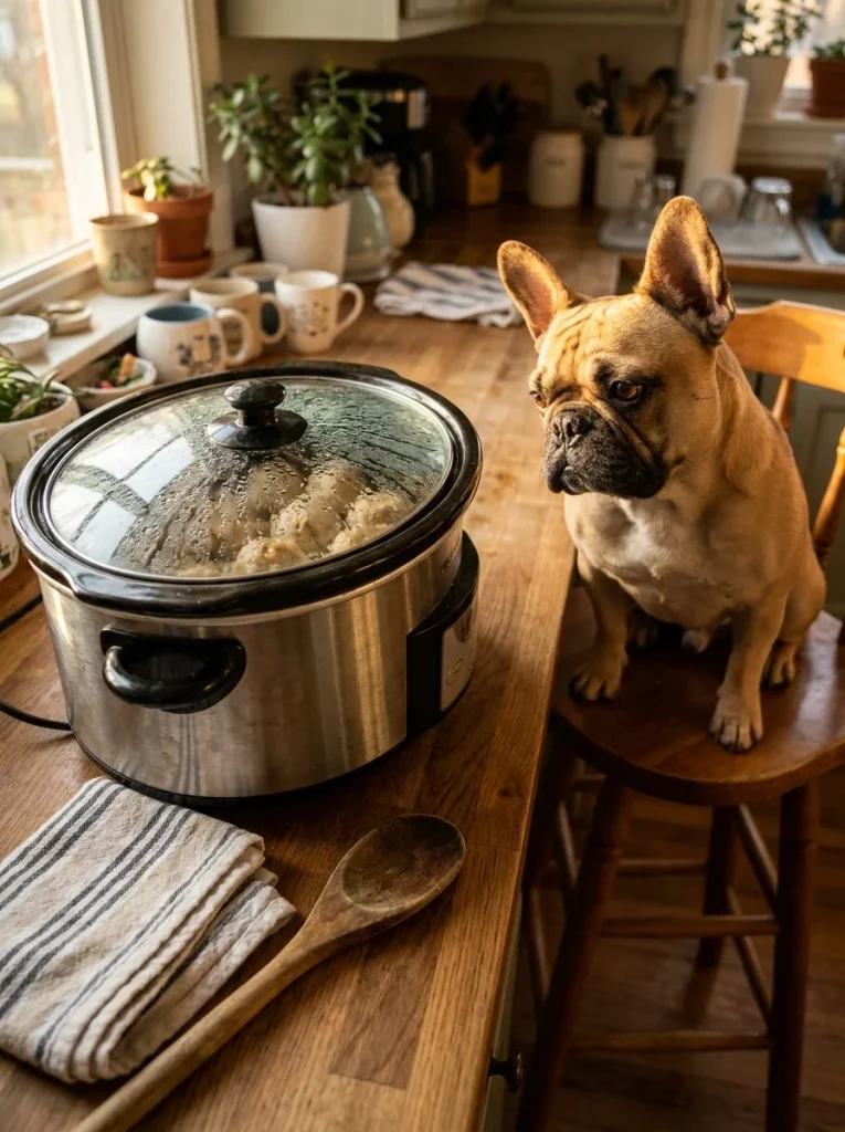 French bulldog watching a slow cooker of chicken dog meatballs through a fogged glass lid