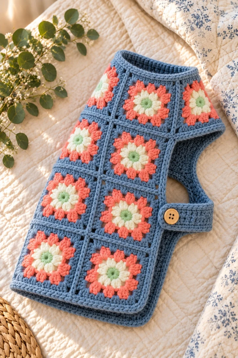 Folded blue-grey granny square dog coat on a quilt