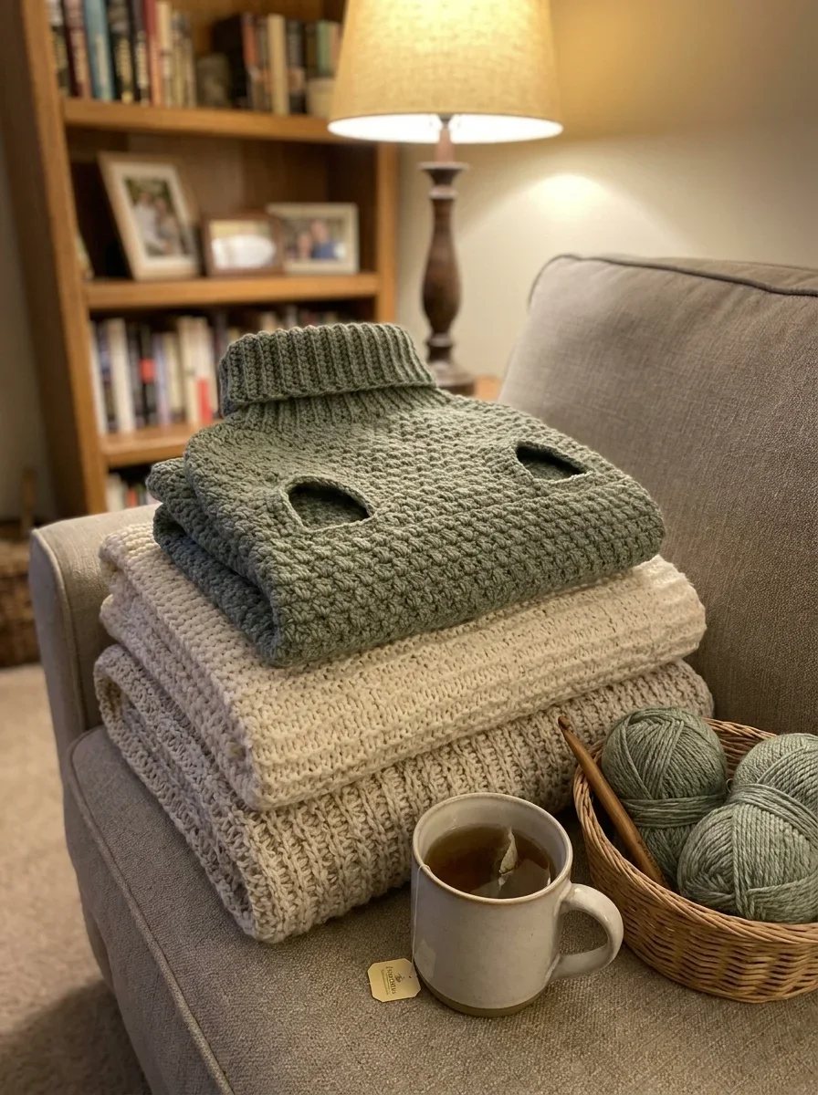 Folded sage-green crochet dog sweater on knit blankets beside tea and yarn skeins