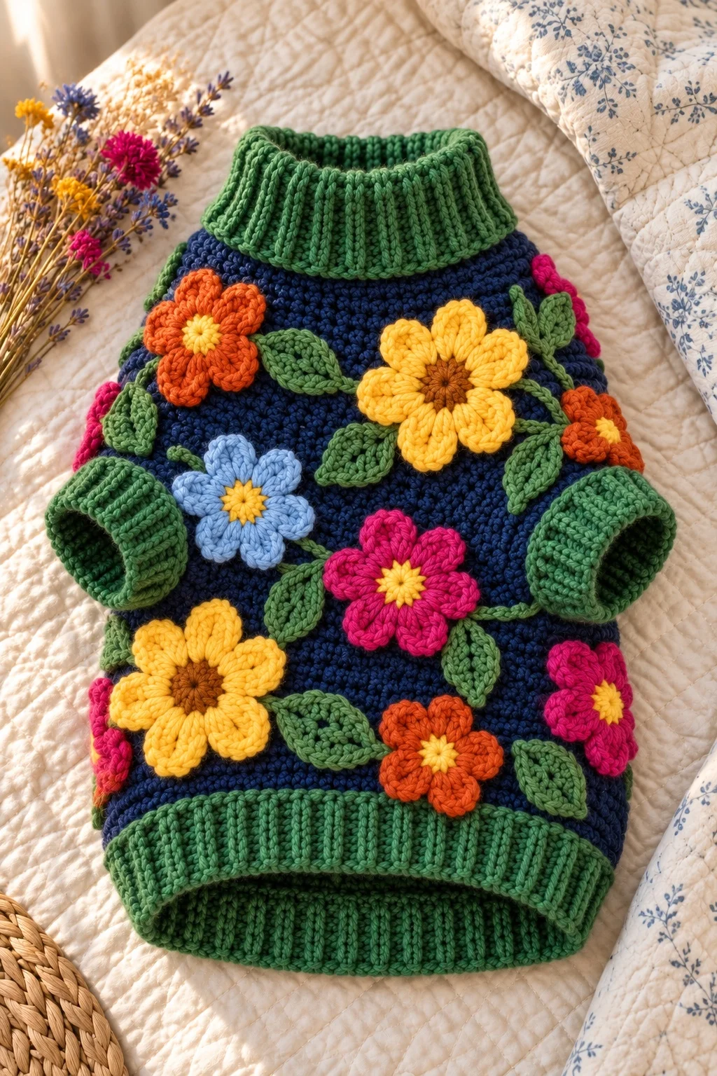 Folded navy wildflower applique dog sweater on a quilt