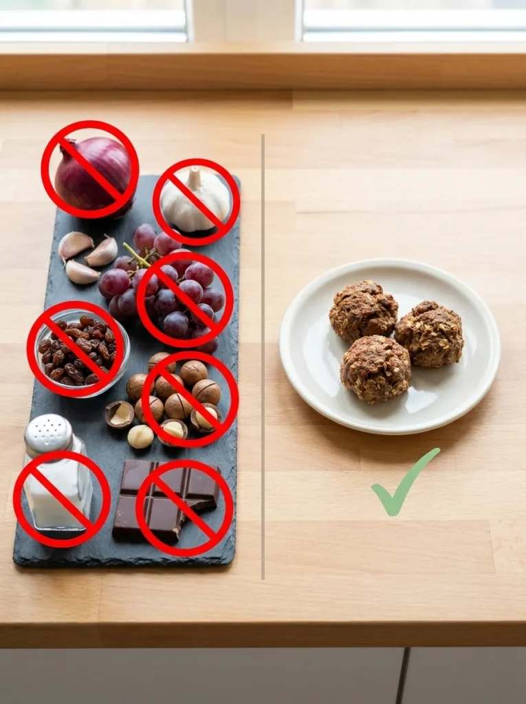 Toxic foods to avoid in dog meatballs including onion, garlic, grapes, and chocolate