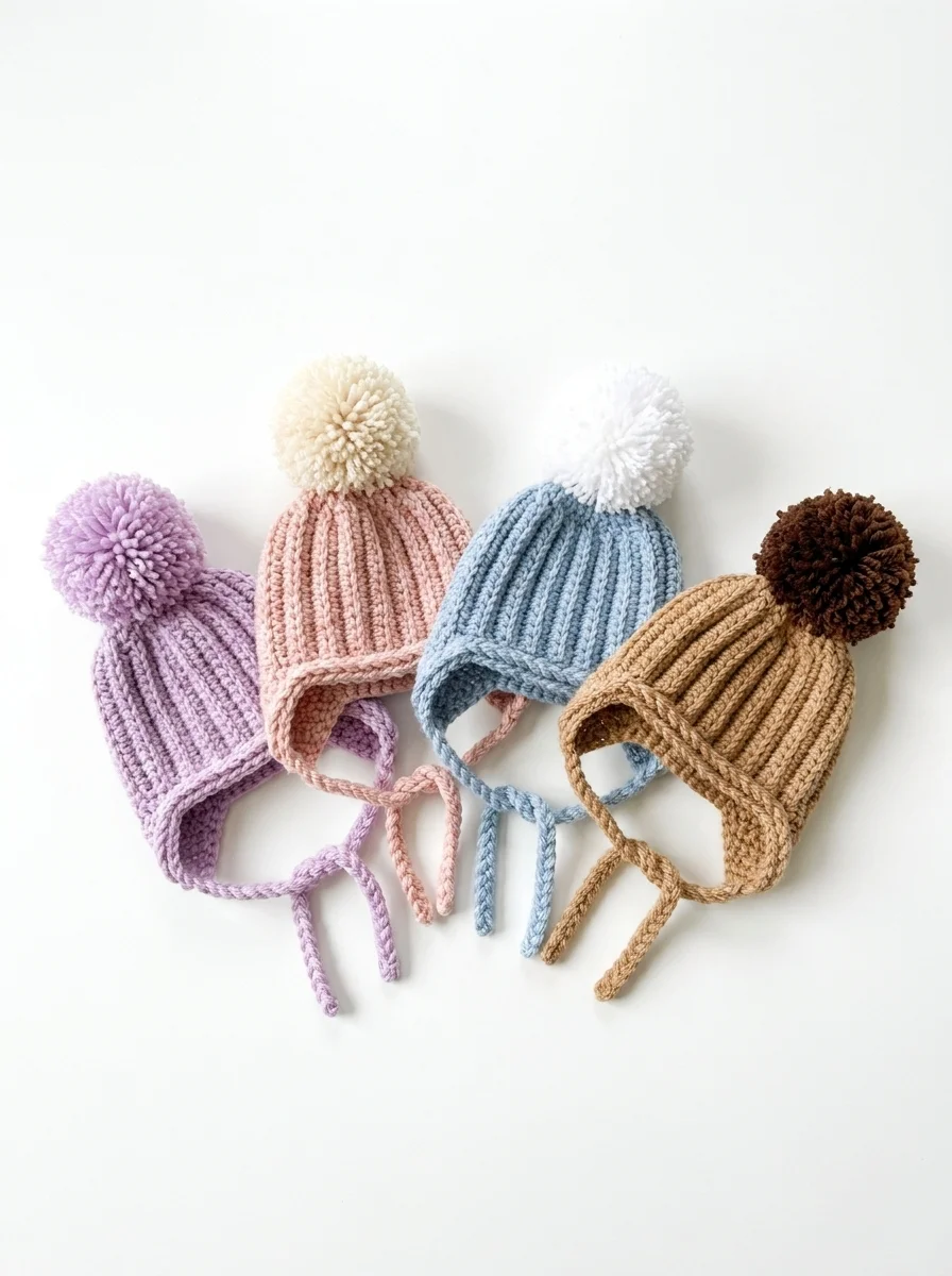 Four pom-pom dog hats in four colors on white