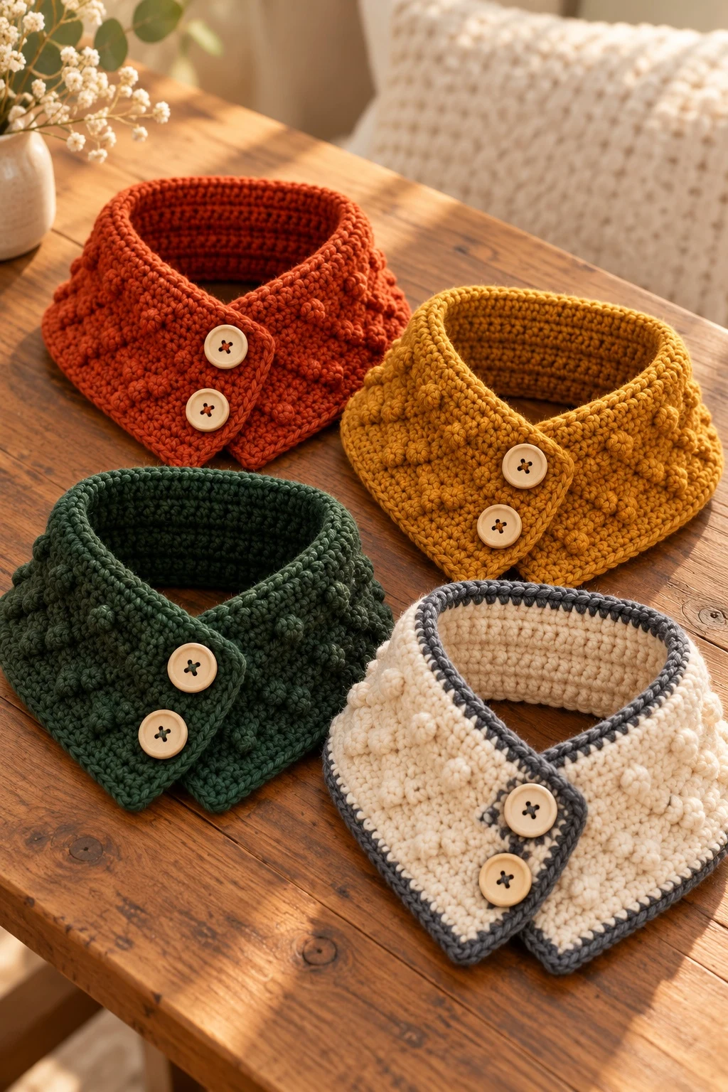 Four crochet dog scarves in rust, mustard, green, and cream