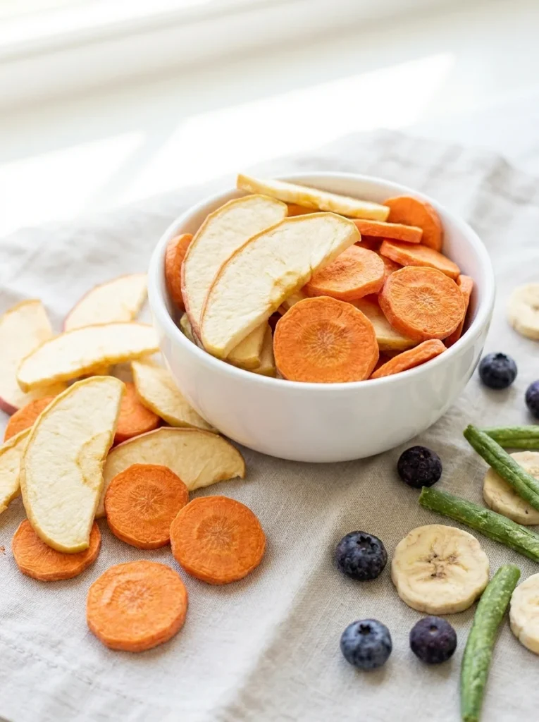 Light apple and carrot crisps, a low-calorie snack for dogs
