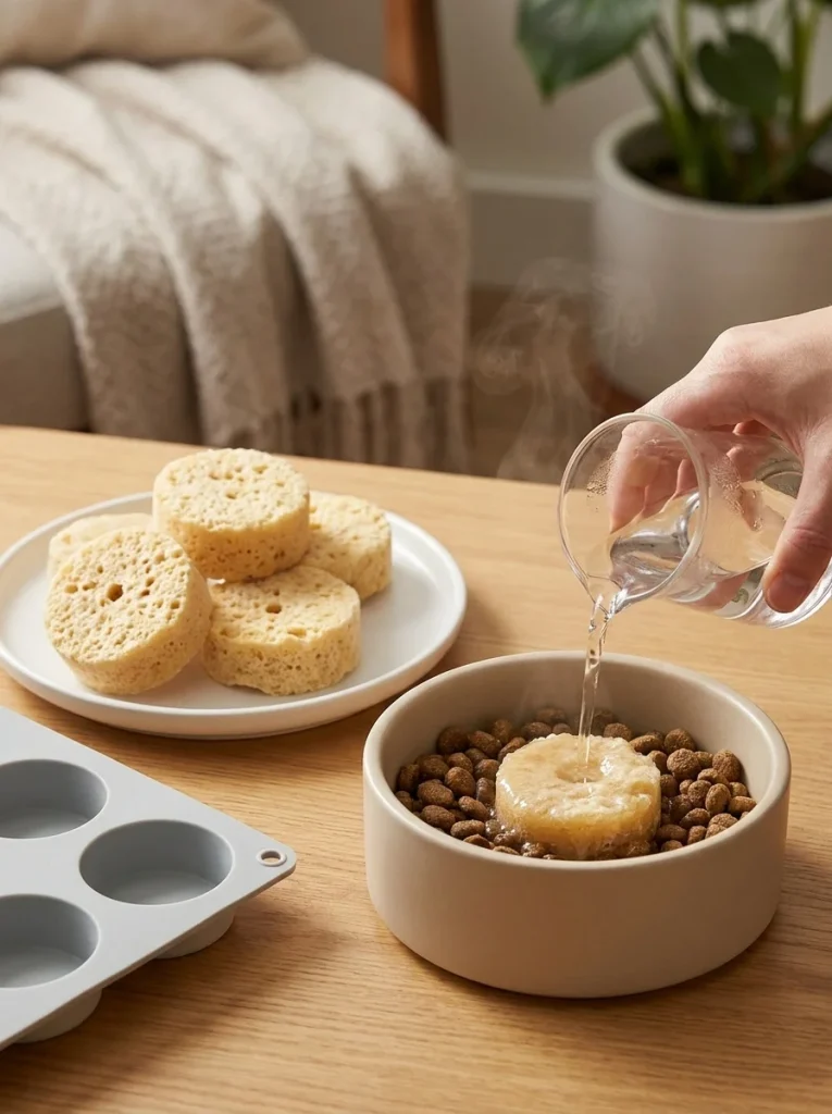 Freeze dried bone broth pucks being rehydrated as a dog food topper