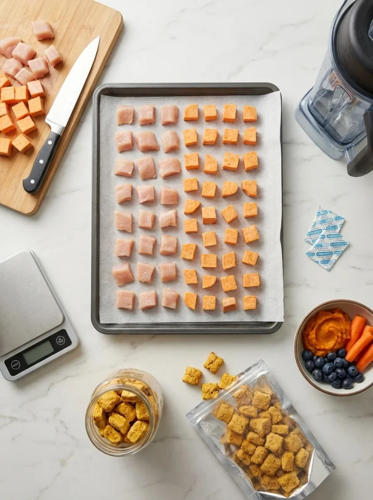 Home freeze dryer trays, parchment, airtight jars and safe ingredients for dog treats