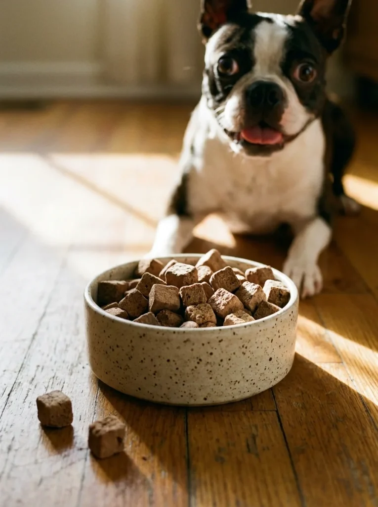 Freeze dried beef liver cubes in a dog bowl, a high-value homemade treat