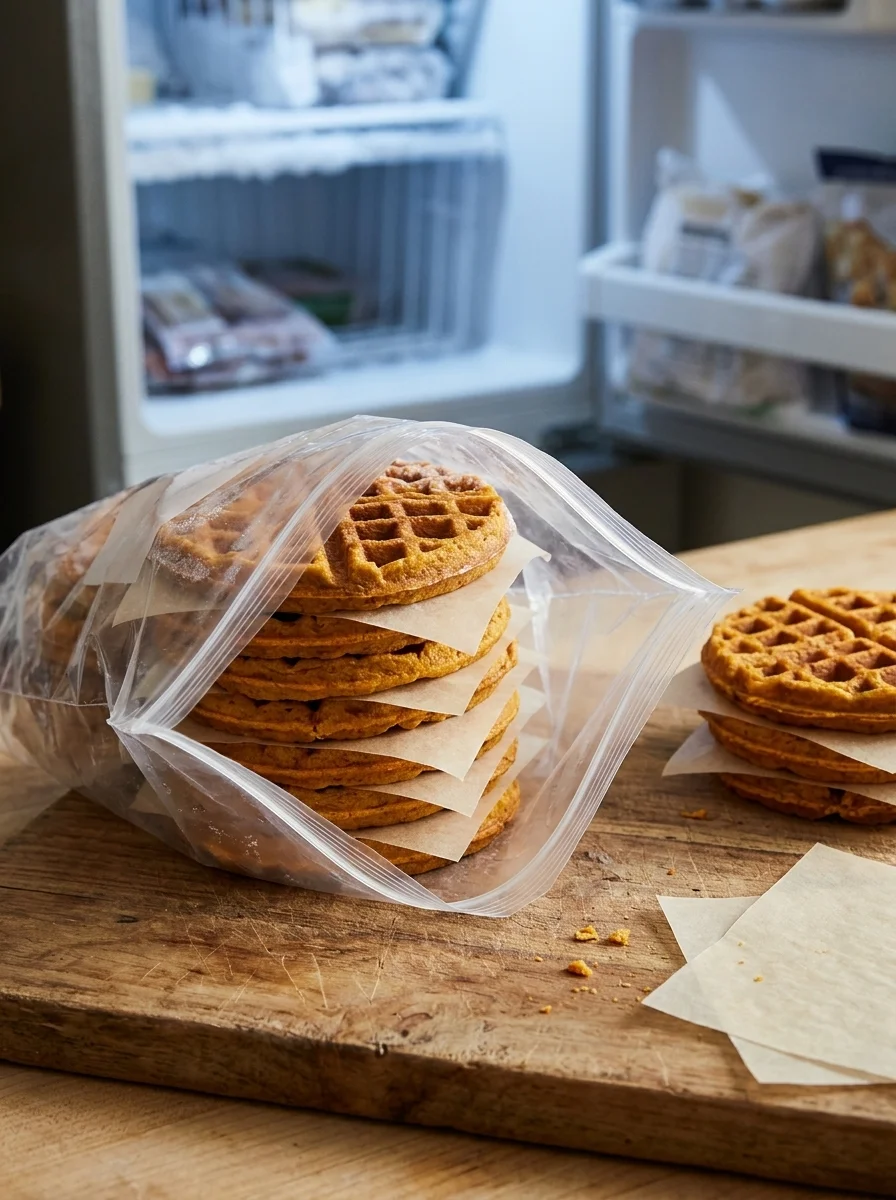 Sweet potato waffles stacked for the freezer with parchment