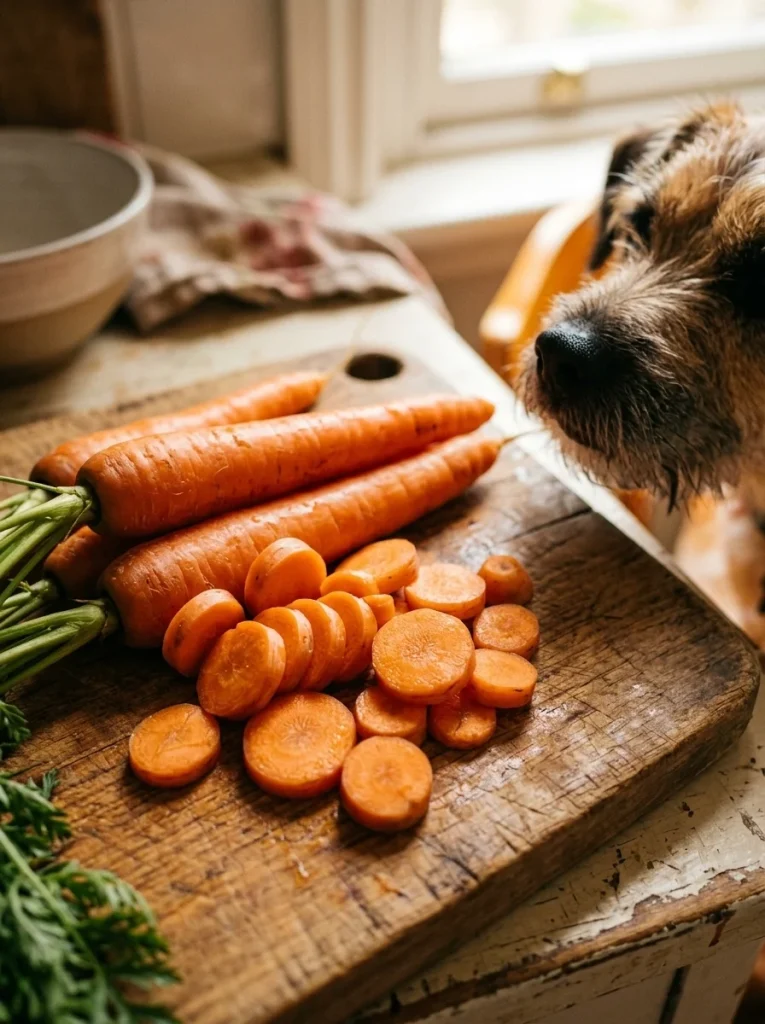 Fresh raw carrots as a safe crunchy vegetable for dogs