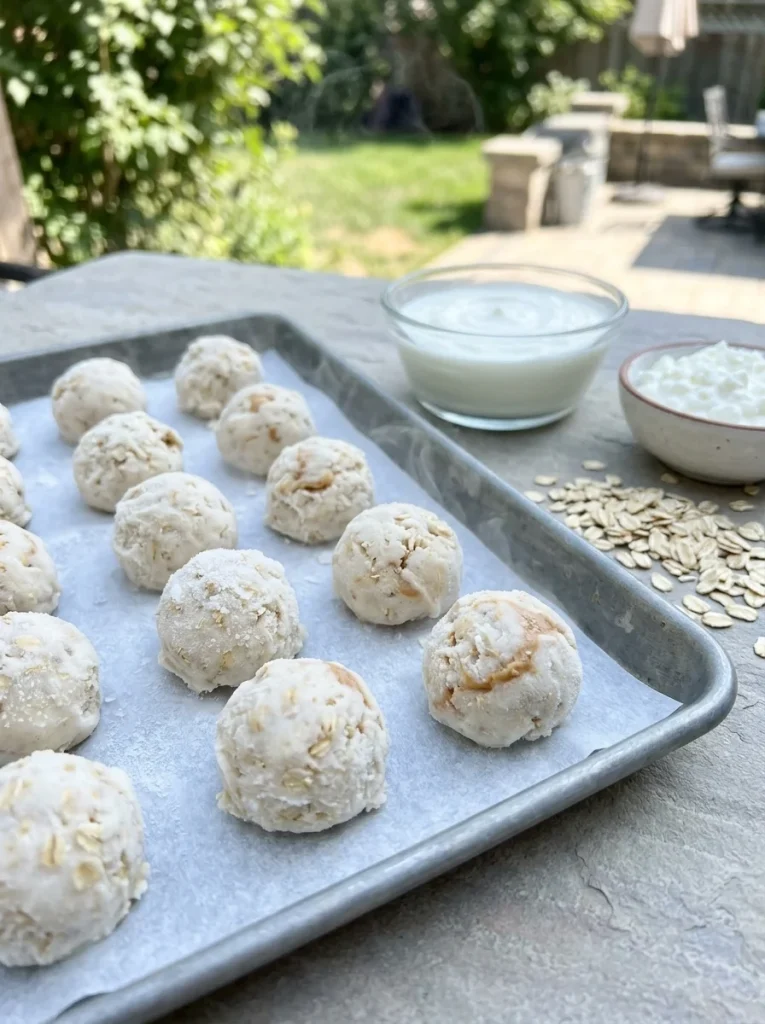 Frozen Oatmeal Protein Balls for dogs with frosty surface on a cool tray