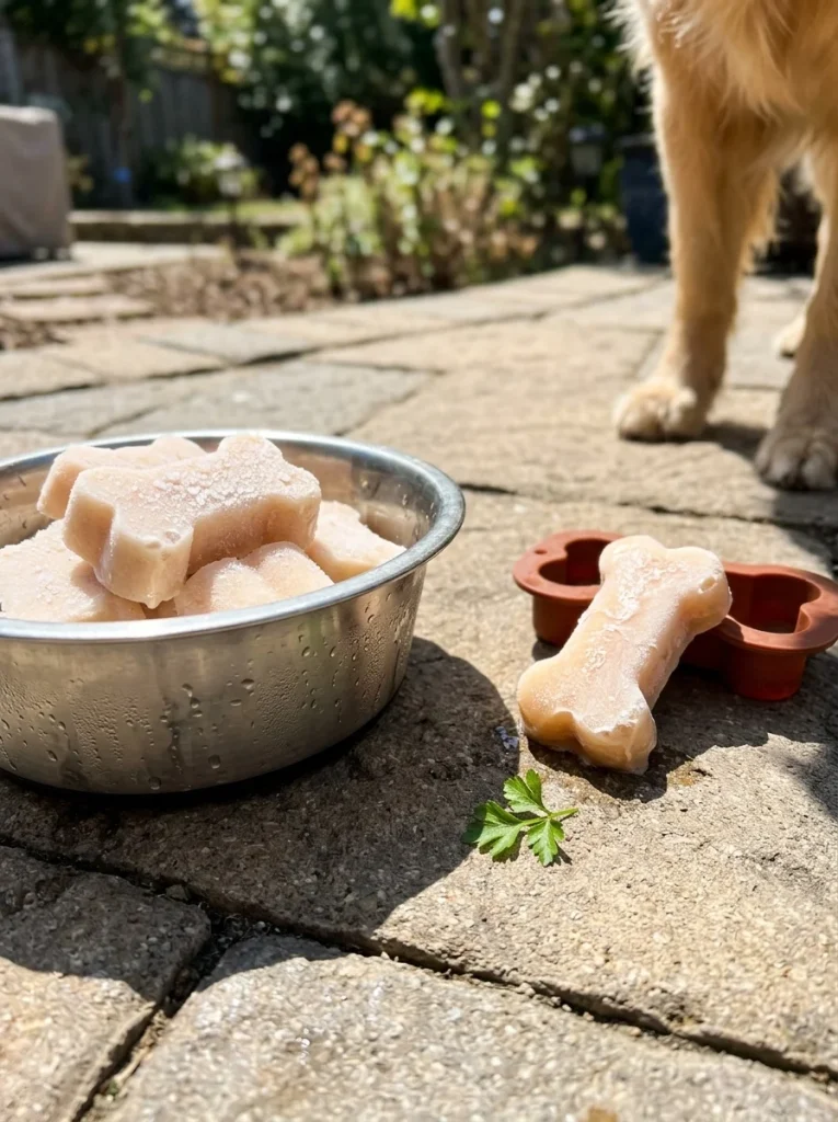 Frozen tuna and cheese dog treats melting on a sunny patio for a happy dog