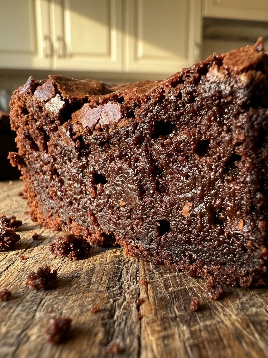 Close-up of a fudgy carob brownie square broken open