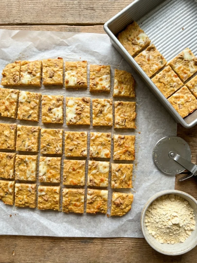 Grain-free tuna and cheese squares for dogs cut from a sheet pan