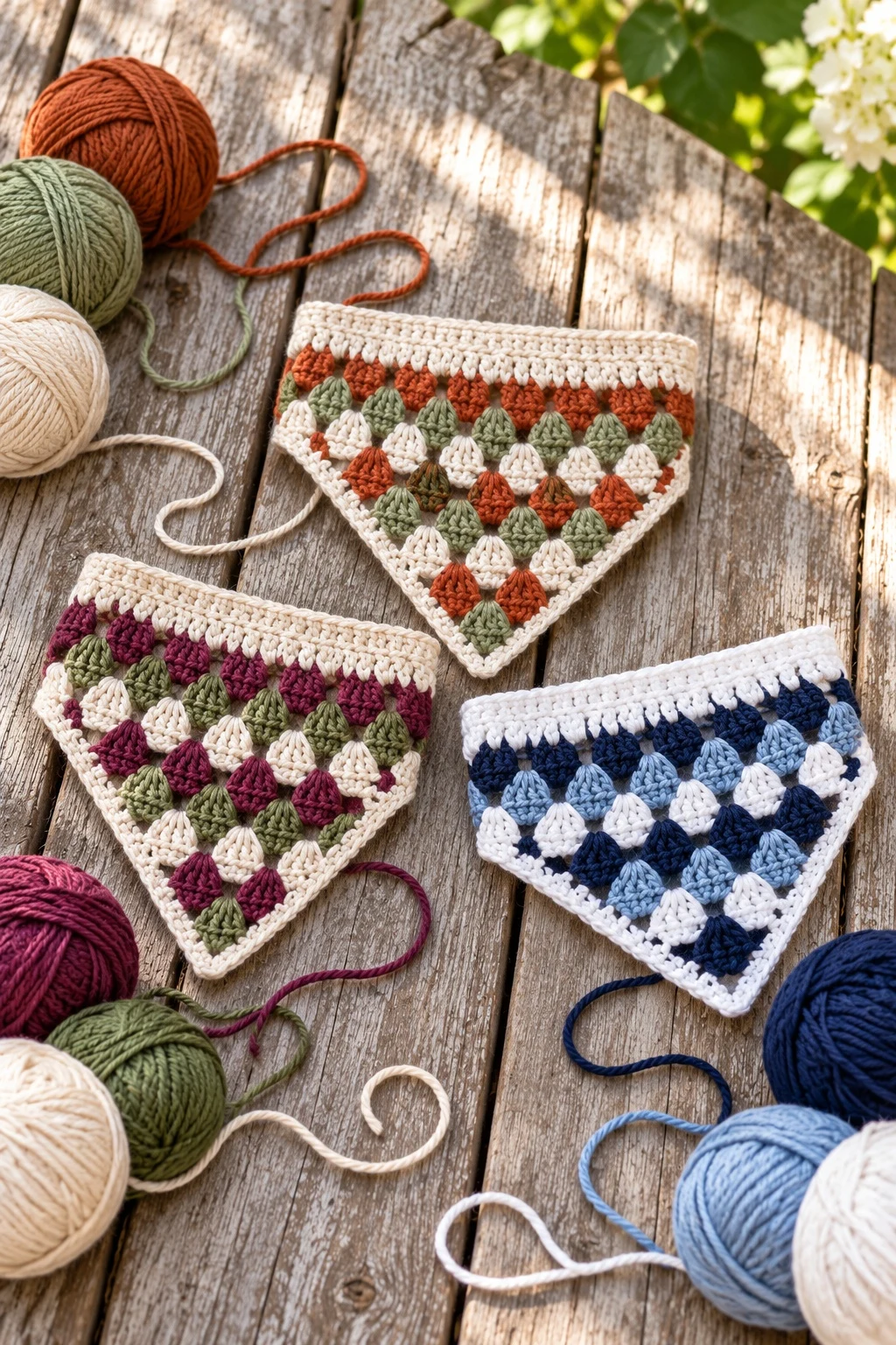 Three granny slide-on bandanas in rust, berry and navy palettes folded on a porch
