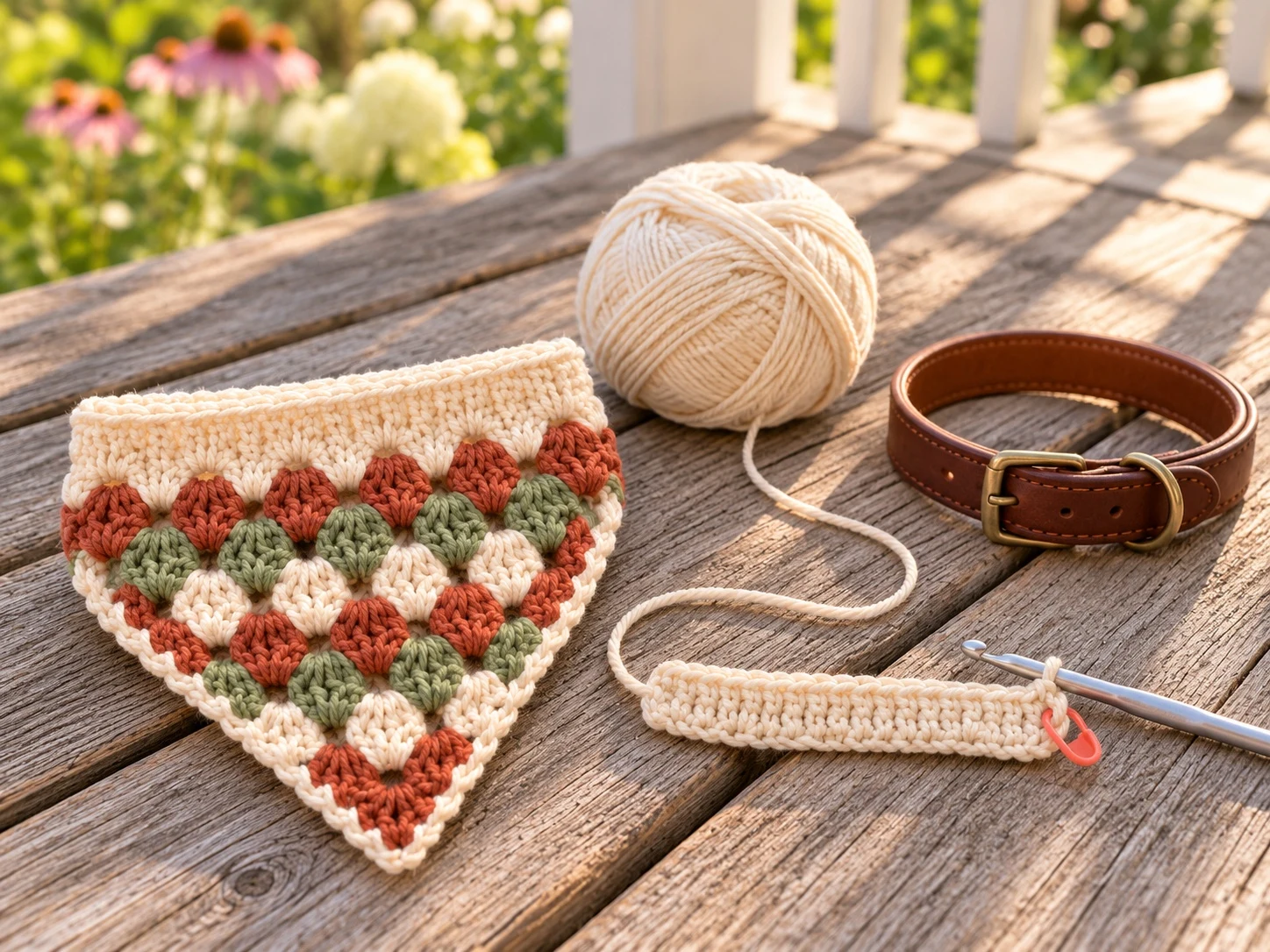 A started cream crochet band beside a finished granny bandana in a studio