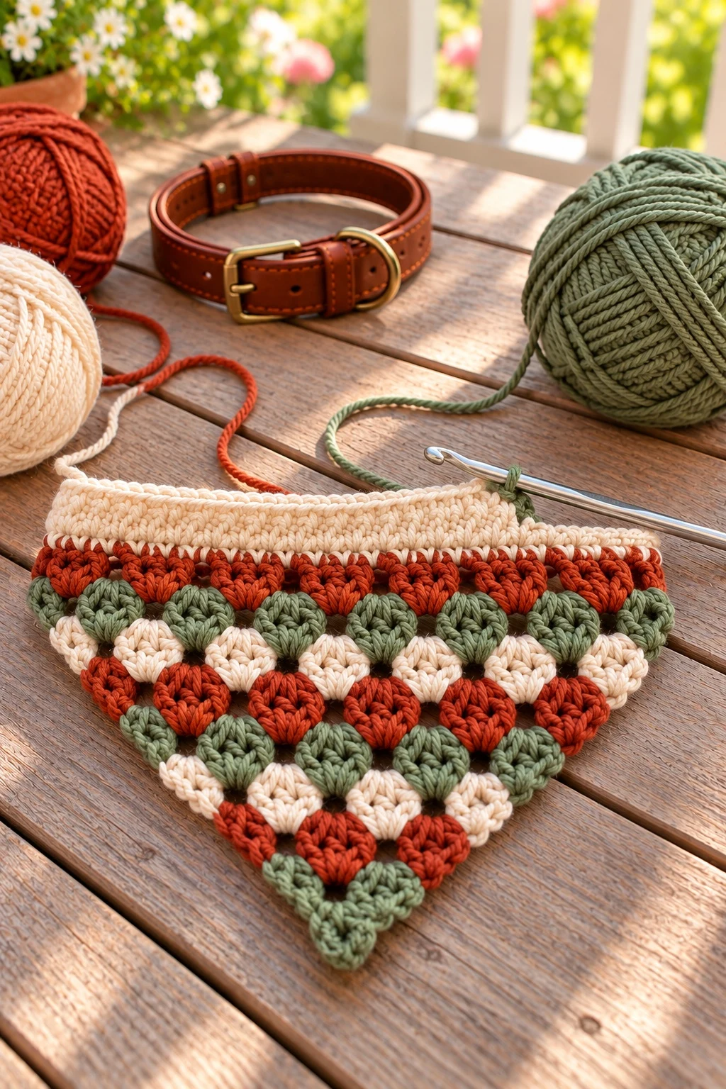 A granny bandana half worked on its hook with the channel rows complete