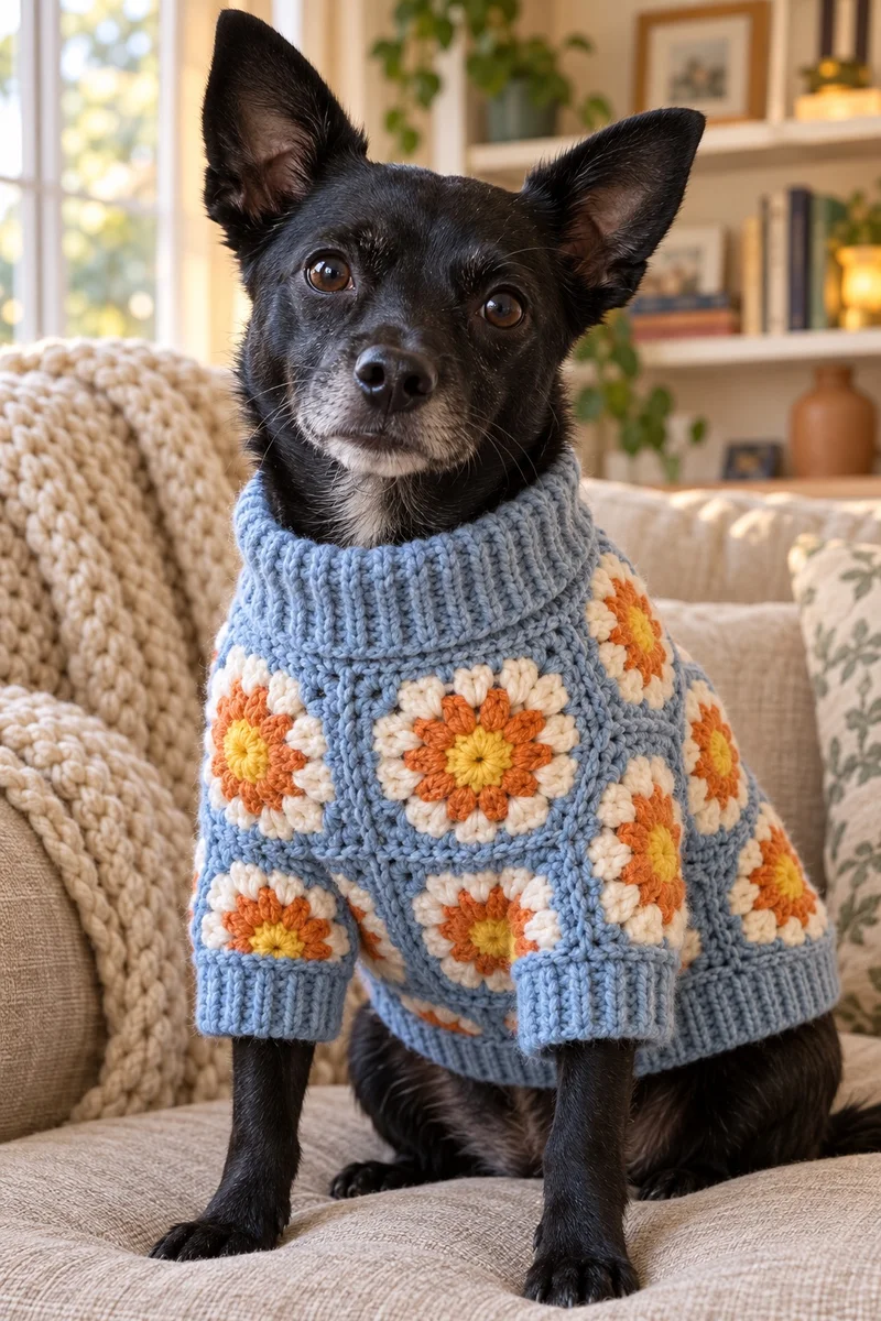 Black dog wearing a finished blue flower granny square dog sweater, sitting on a couch