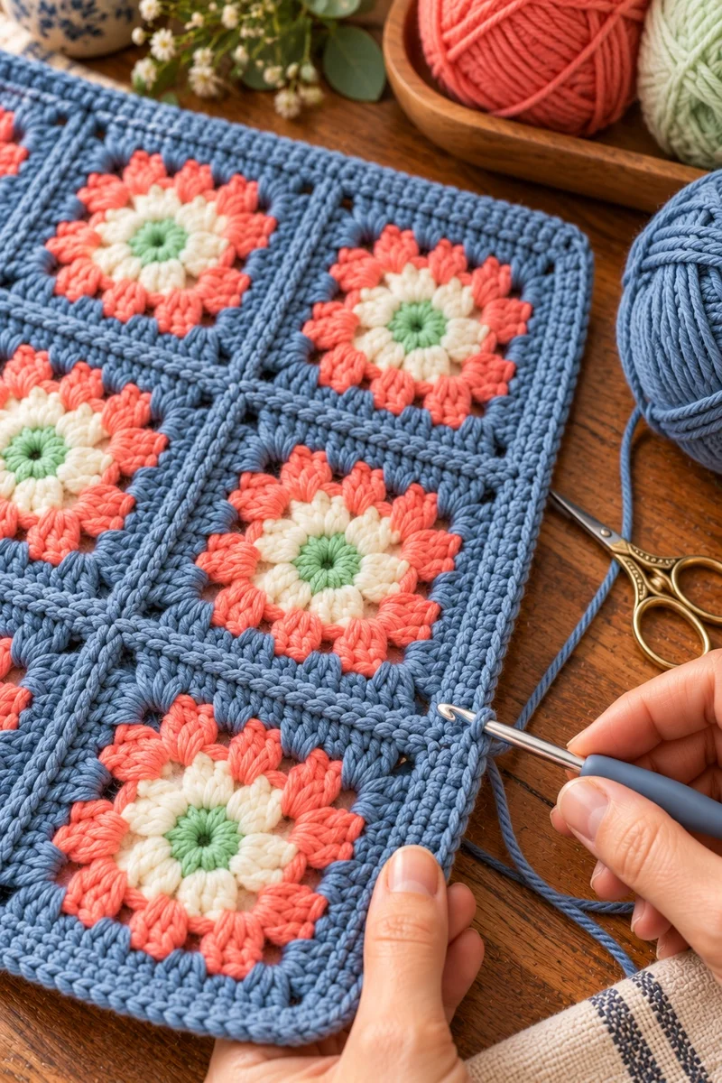 Single crochet edging being worked around a granny square dog coat panel