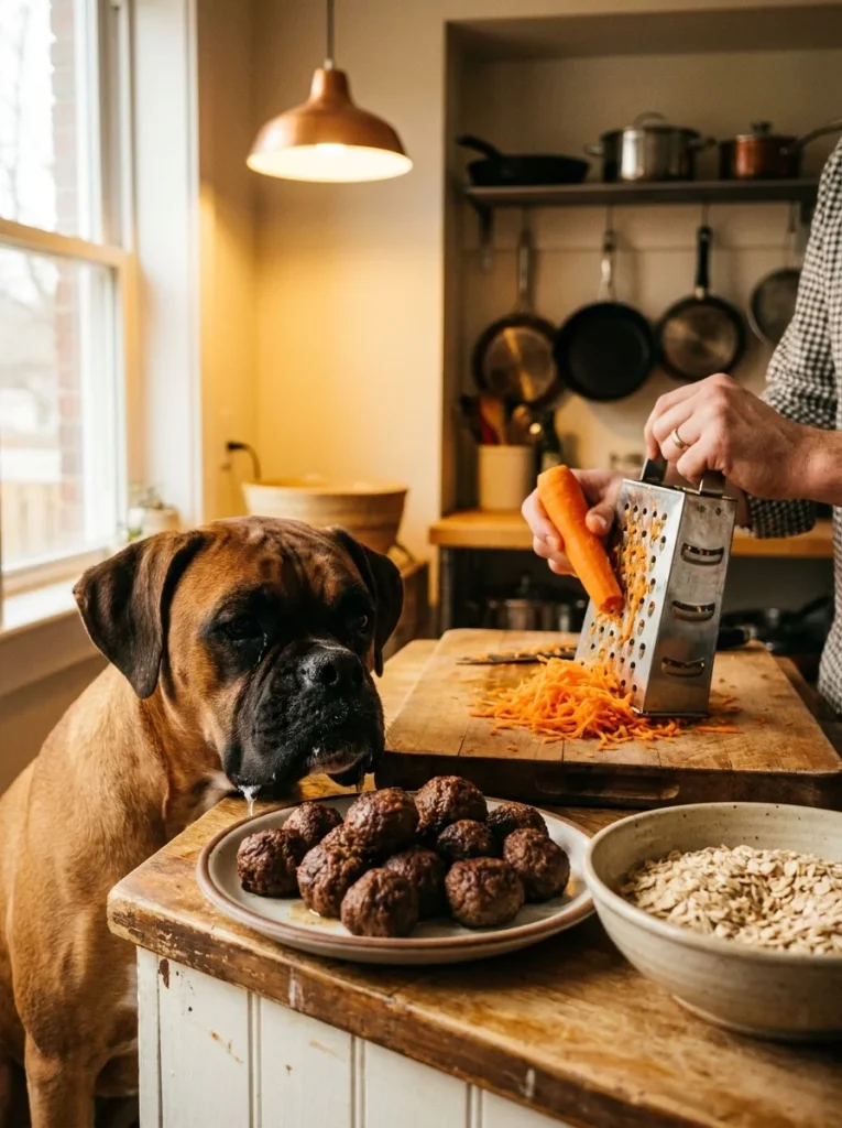 Grating fresh carrot beside lean beef dog meatballs while a boxer dog watches