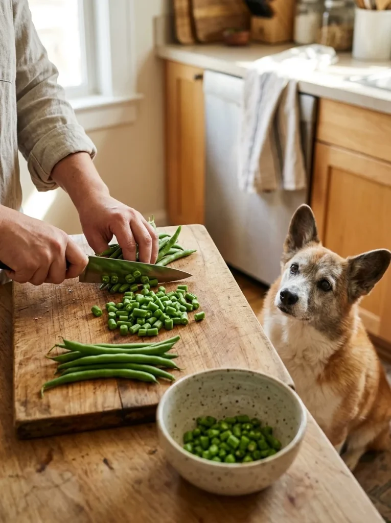 Chopped green beans, a low calorie topper for aging dogs